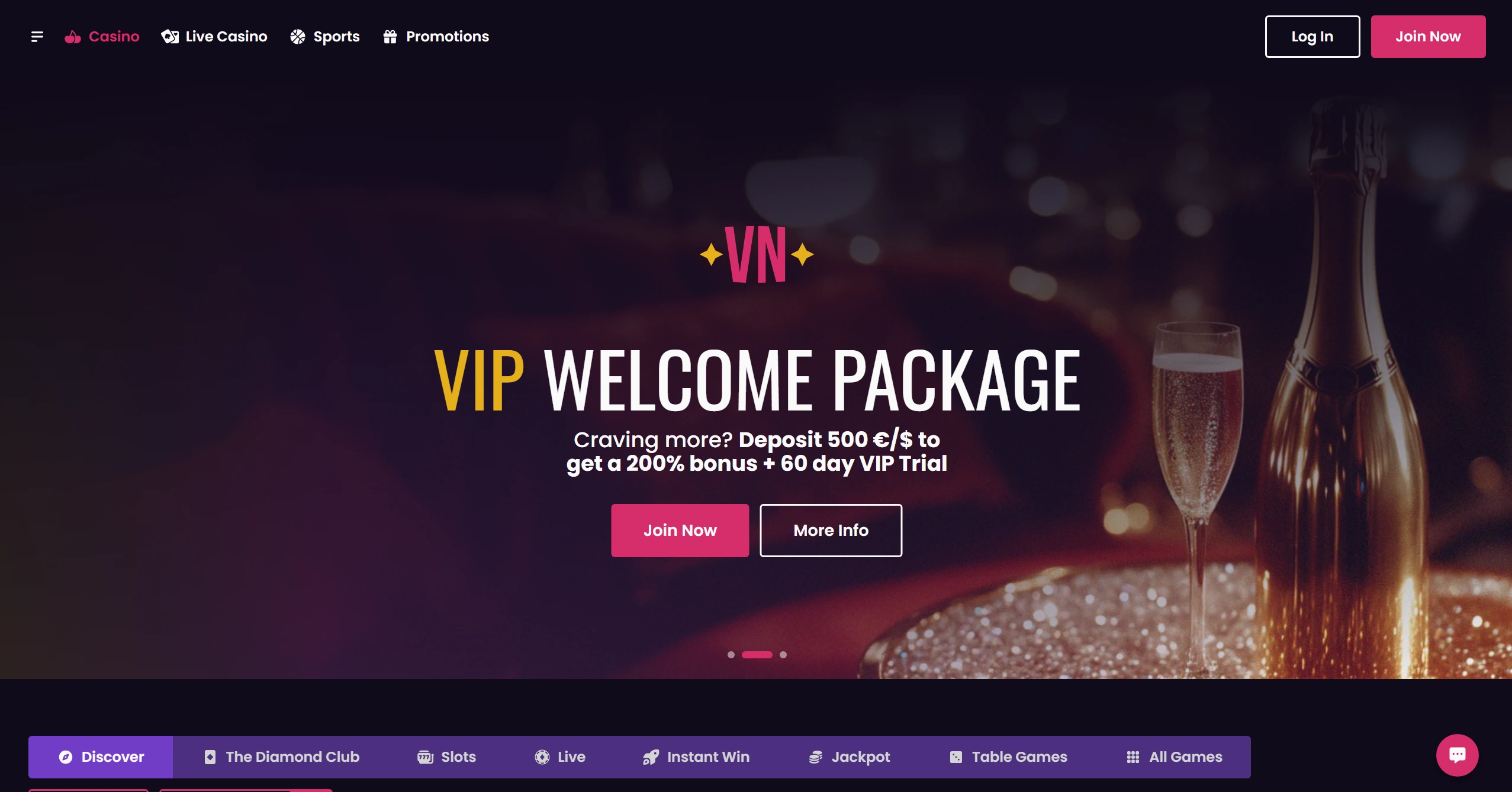 Vegas Now homepage with banner displaying a VIP welcome package